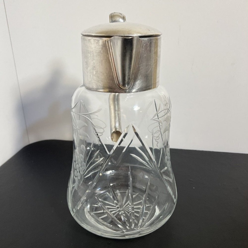 Vintage HKE Pitcher Cold Crystal Glass Closed Silver Plated Mount 10” - Picture 4 of 16